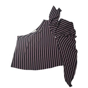 Great Jones Women's Navy and Red Striped One-Shoulder Ruffle Sleeve Top Size 16